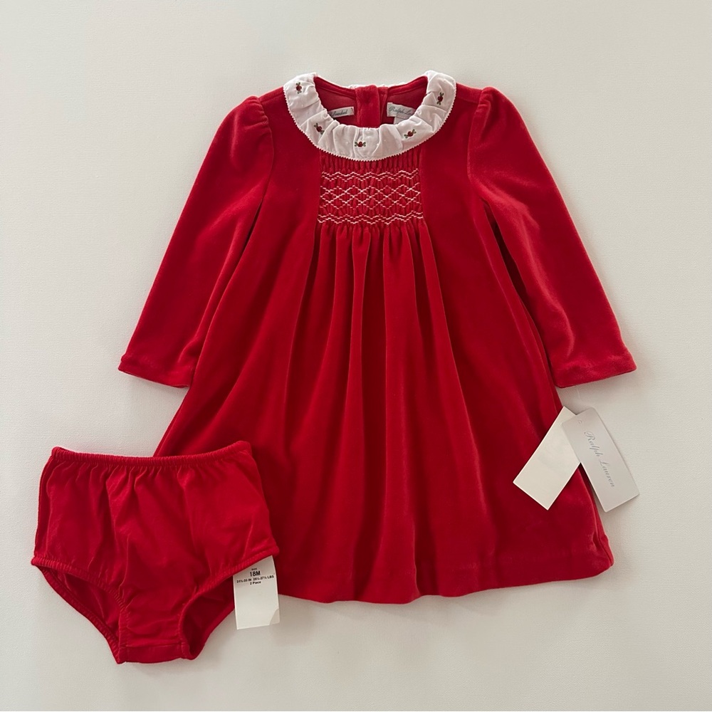 Ralph Lauren 18 Months Baby Girl Red Velvet Smocked Dress Holiday Christmas NWT